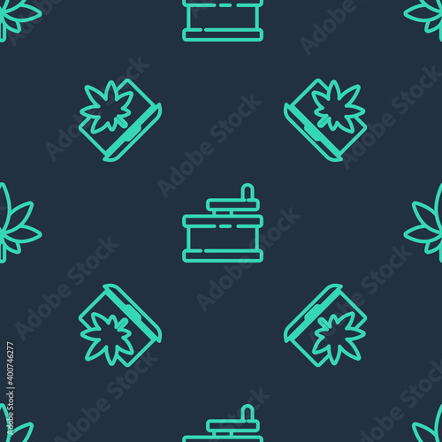 Set line Manual grinder, Laptop and marijuana or cannabis and Marijuana leaf on seamless pattern. Vector.
