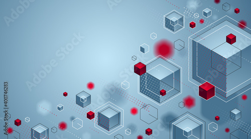 Cubes cluster with red and blue elements lines and dots vector abstract background, 3D abstraction geometric design, technology and science theme.