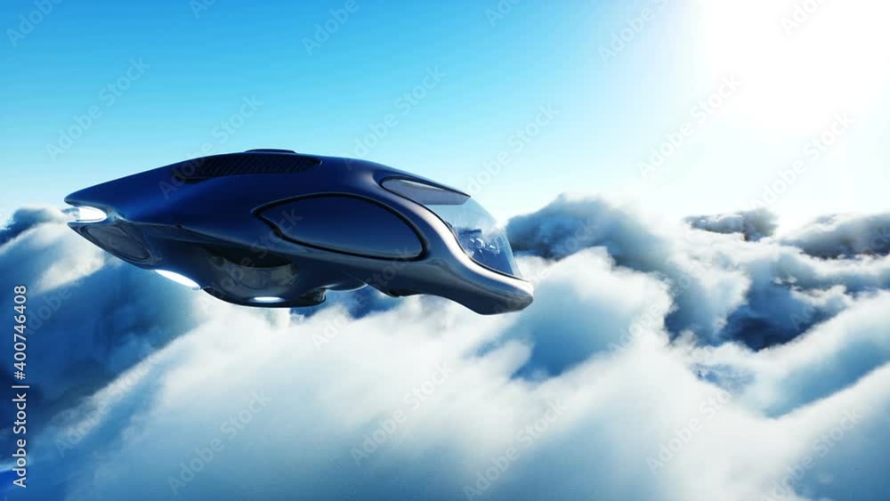 Futuristic sci fi ship flying in the clouds. Realistic 4k animation. Futuristic sci fi ship flying in the clouds. Realistic 4k animation.