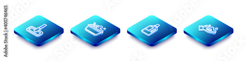 Set Isometric line Mop, Plastic basin with soap suds, Fabric softener and Washing hands icon. Vector.