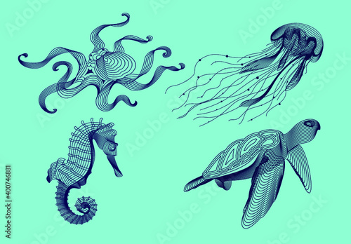 Set marine graphic animals. Vector illustration. The sea horse, octopus, jellyfish, turtle consist of lines.Digital elements design  for business cards, invitations, gift cards, flyers and brochures, 