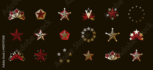Stars vintage heraldic emblems vector big set, antique heraldry symbolic badges and awards collection with pentagonal stars, classic style design elements, family emblems.
