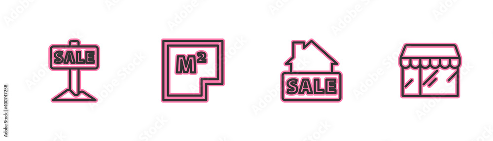 Set line Hanging sign with Sale, , House plan and Market store icon. Vector. Set line Hanging sign with Sale, , House plan and Market store icon. Vector.