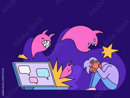 Vector illustration, sad teenager. Cyberbullying, trolling concept. Social network media community technology problems. Digital harms, cyber stalking. Flat and line style.