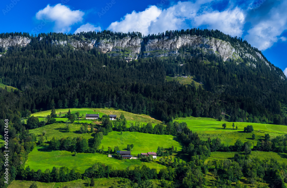 Rural Landscape With Mountains And Cottages In The Alps Of Austria