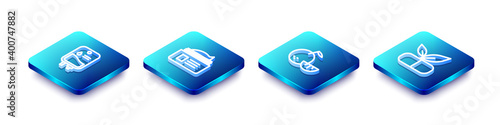 Set Isometric line IV bag, Ointment cream tube, Citrus fruit and Medical pill with plant icon. Vector.