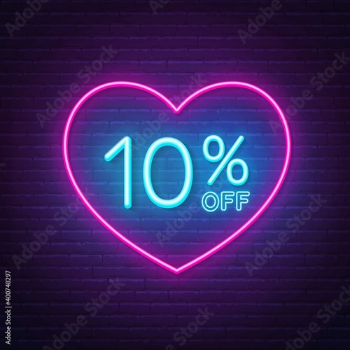 10 percent off neon sign in a heart shape frame. Valentine day discount lighting design .