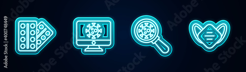 Set line Pills in blister pack, Virus statistics on monitor, under magnifying glass and Medical protective mask. Glowing neon icon. Vector.