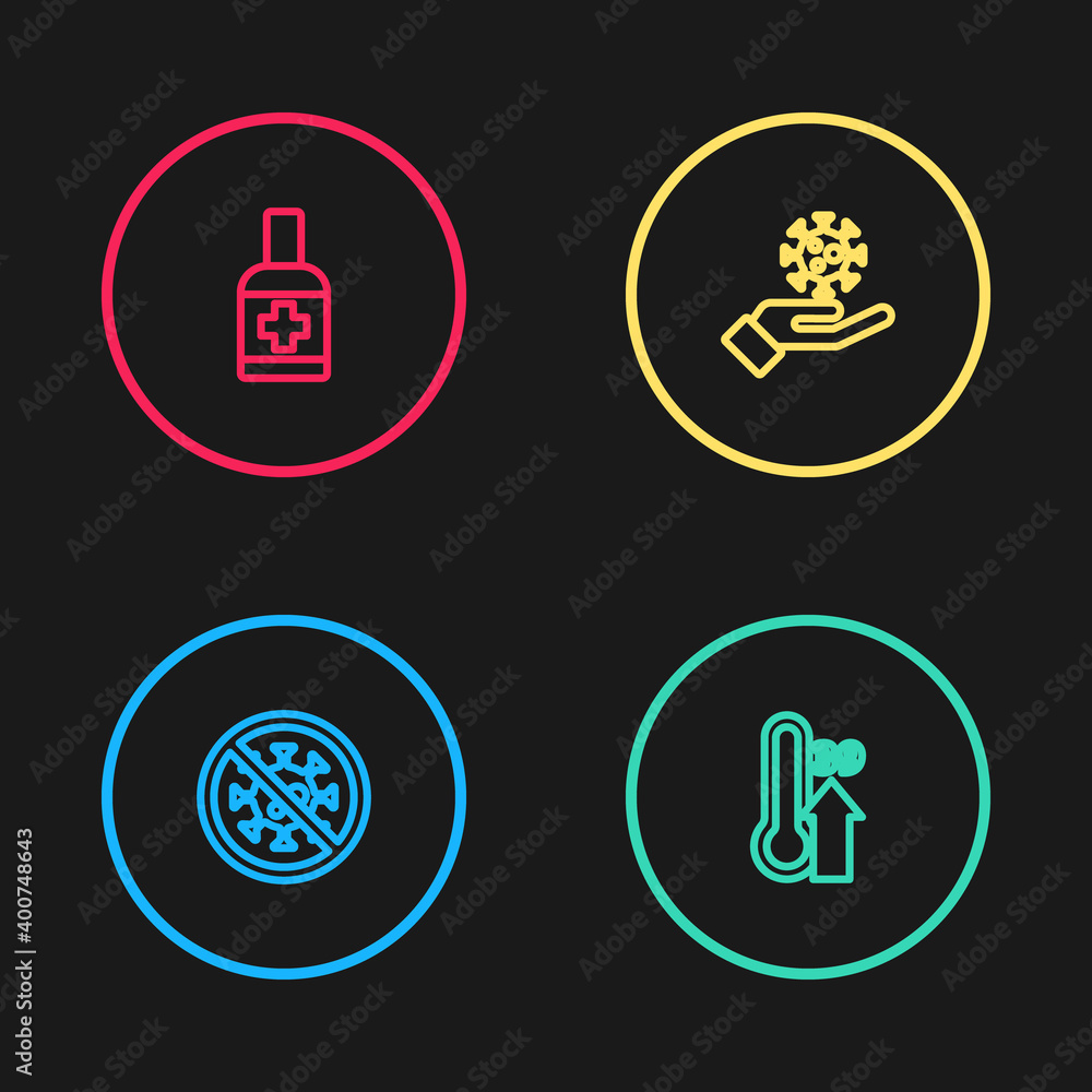 Set line Stop virus, High human body temperature, Hand with and Liquid antibacterial soap icon. Vector. Set line Stop virus, High human body temperature, Hand with and Liquid antibacterial soap icon. Vector.
