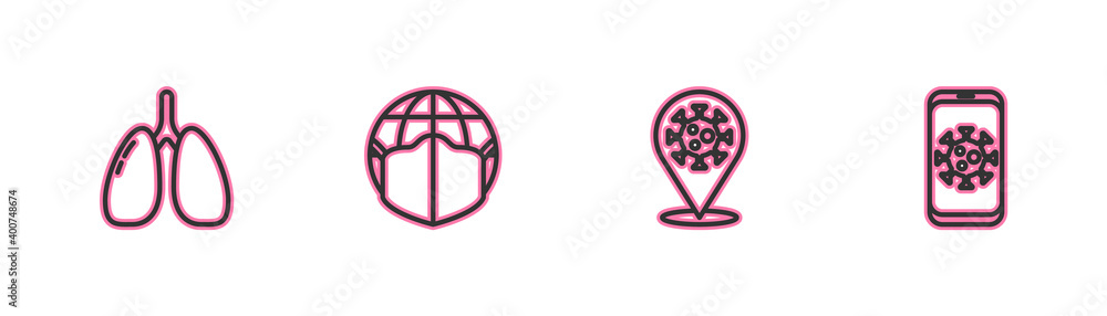 Set line Lungs, Corona virus 2019-nCoV on location, Earth with medical mask and Virus statistics mobile icon. Vector. Set line Lungs, Corona virus 2019-nCoV on location, Earth with medical mask and Virus statistics mobile icon. Vector.