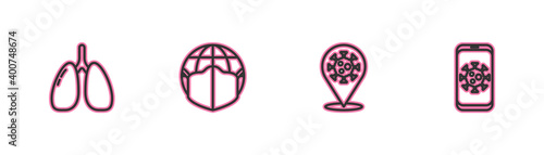 Set line Lungs, Corona virus 2019-nCoV on location, Earth with medical mask and Virus statistics mobile icon. Vector.
