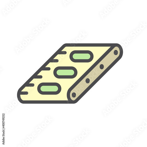 Tablet pressing process in pharmaceutical, nutraceutical, cleaning product, supplement, industrial pellet and cosmetic manufacturing industry vector icon. Consist of tablet on conveyor production line