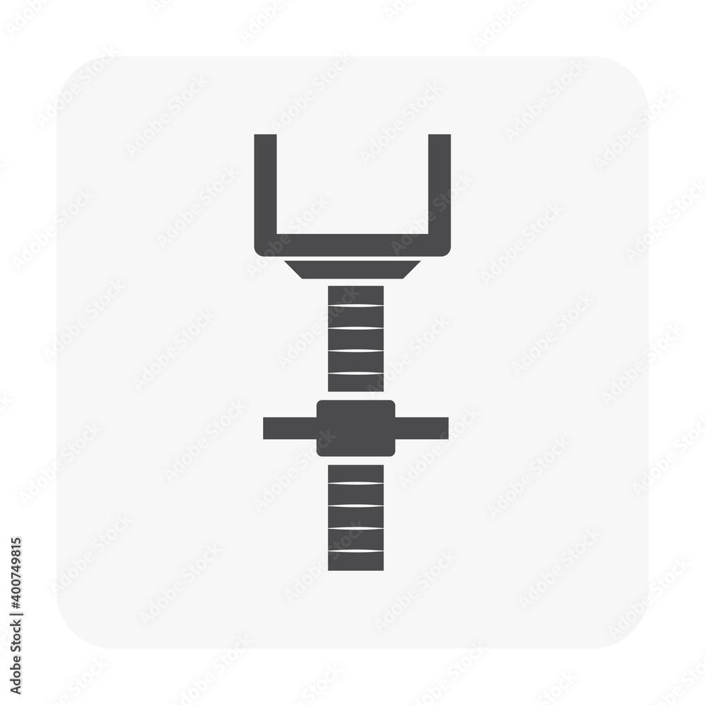 U-head jack scaffolding icon. Item is a construction equipment part of scaffold and formwork. Consist of adjustable screw and U-shape of steel. Use to hold square beam and adjust to different height. U-head jack scaffolding icon. Item is a construction equipment part of scaffold and formwork. Consist of adjustable screw and U-shape of steel. Use to hold square beam and adjust to different height.