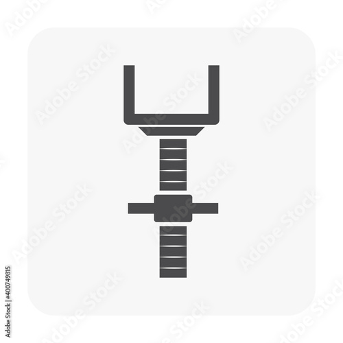 U-head jack scaffolding icon. Item is a construction equipment part of scaffold and formwork. Consist of adjustable screw and U-shape of steel. Use to hold square beam and adjust to different height.