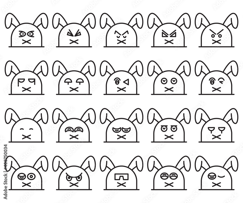 rabbit, bunny emoticons line design set