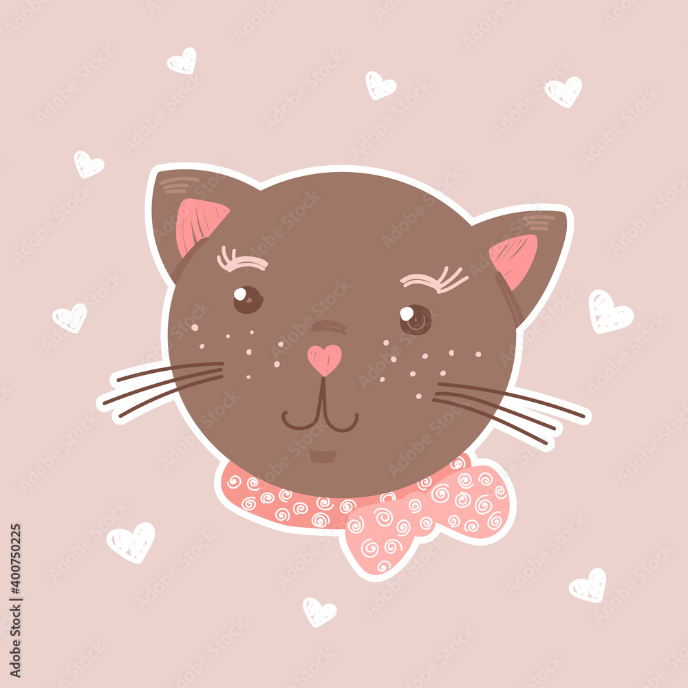 Cute brown cat face with pink bow vector icon. Illustration in flat style for greeting card, sticker, poster. Cute brown cat face with pink bow vector icon. Illustration in flat style for greeting card, sticker, poster.
