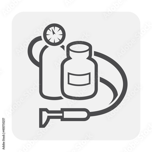 Gas cylinder and pressure gauge or manometer icon. For storage oxygen and LPG gas at high pressure. Include pressure gauge and valve to display pressure and control gas flow use for Oxy-fuel welding.