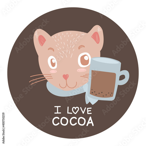 I love cocoa vector icon. Cat with cup of hot drink isolated art. Funny motivated illustration with animal and coffee. Illustration for postcard, sticker, poster, cafe menu.