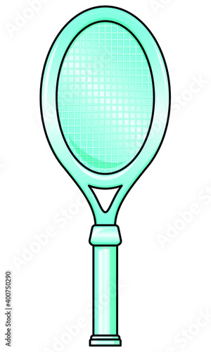 Chrystal tennis racket. Cartoon illustration. Diamond or glass material. Trophy award for champion of tournament or competition. Glossy and shiny sports inventory object. Achievement badge for players