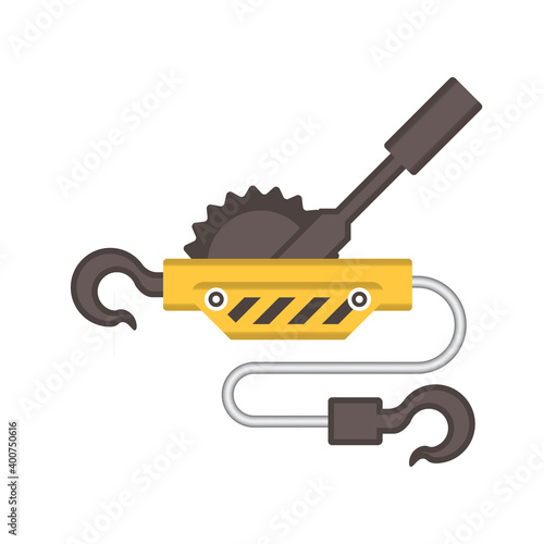 Hand winch or manual winch vector icon. Also called come along, towing or ratchet winch. Include crank or lever, steel wire rope or cable, hook. For lift, pull, drag, tow load i.e. ATV, boat and car.