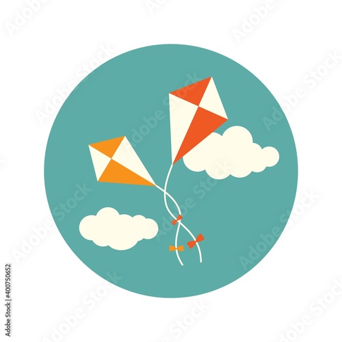 two orange kites with clouds in blue circle. Flat cartoon design.