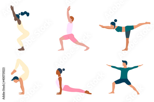 Collection of young people performing yoga asanas. Set of flat cartoon characters demonstrating various yoga positions. Healthy lifestyle. Eps 10.
