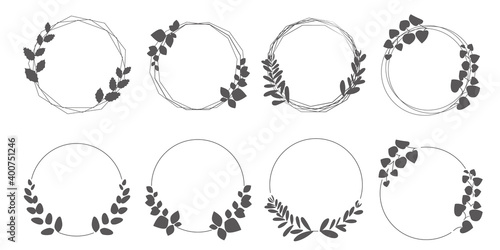 Set of laurel wreath design elements. Black circle border vector ornaments. Wreath decoration with leaves. Vector illustration.リーフデザイン、グリーンリースイラスト、リースイラスト