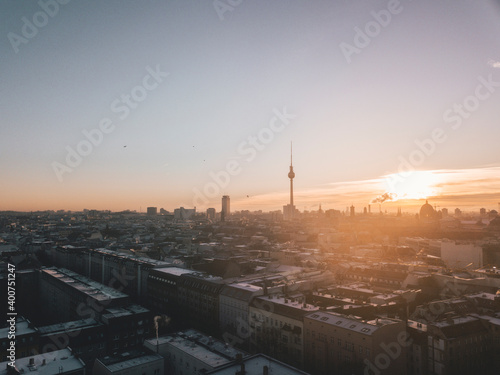 Beautiful Sunrise Morning above Berlin, Germany with Skyline Building Silhouette of Alexanderplatz and Smoke