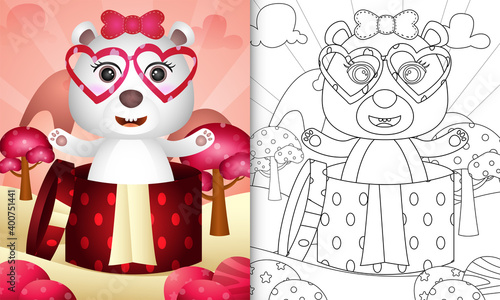 coloring book for kids with a cute polar bear in the gift box themed valentine day