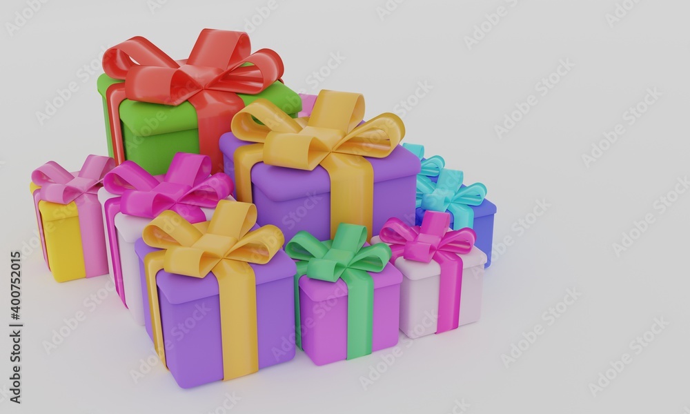 3d render. Group of gift boxes. Left view. 3d render. Group of gift boxes. Left view.
