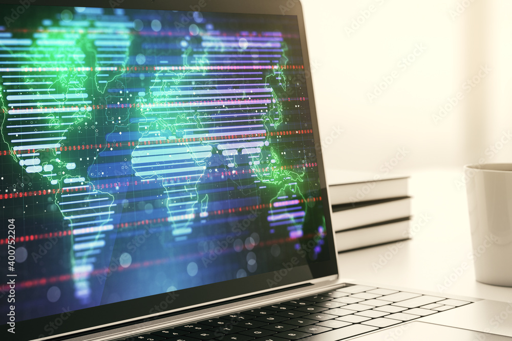 Modern computer screen with abstract creative digital world map, research and analytics concept. 3D Rendering Modern computer screen with abstract creative digital world map, research and analytics concept. 3D Rendering