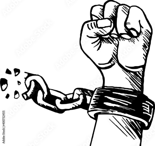 Strong hand breaking the handcuffs chain Vector illustration