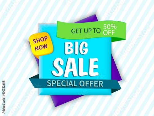 Vector banner.Big sale tag, -50% discount, special limited offer. Super, mega deal. Template, modern label for promotion. Advertising message, favorable price.