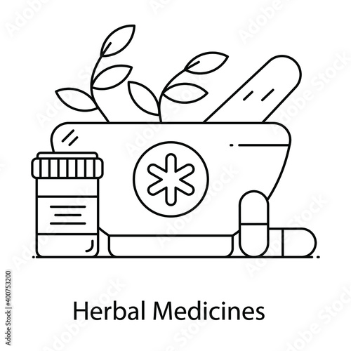 
Herbal medicines inside mortar and pestle, flat outline vector
