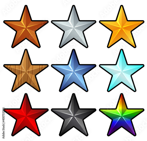 Pack of different stars. Various colors and material options. Isolated illustration on white background. Star icons for ranking system, awards, achievements and winner announcement decoration.