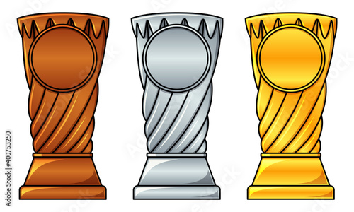 Twisted trophy in bronze, silver and golden colors. Set of three throphies for awarding tournament winners and participants. Ranking icons and symbols for championship of sports with copy space photo