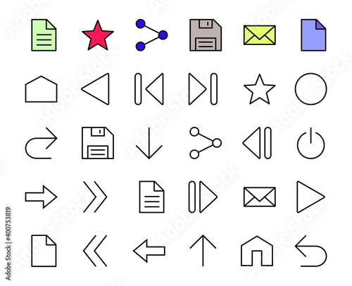 Set of line arrows, directions, arrows, contains icons such as pause, continuation, directly, to the right, Editable stroke. 480x480, On a white background, Vector illustration
