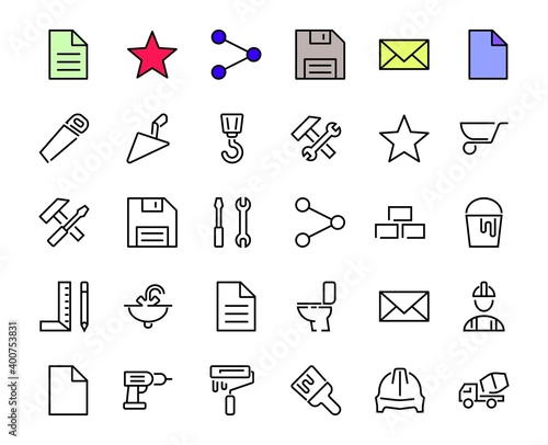 Set of construction icons, simple vector lines, contains the following icons: builder, roller, hammer with wrench, toilet bowl and much more. Editable stroke. 48x48 pixels perfect, white background