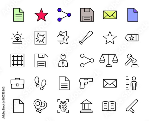 Court, Law and Justice Icon Set contains such icons as Law, Police, Prison, Handcuffs, Pistol, Editable stroke. Modern subtle symbols