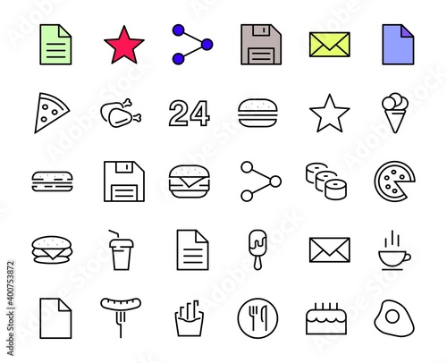 A simple set of fast food icons related to the vector line. Contains icons such as pizza, burger, sushi, bike, scrambled eggs and more. EDITABLE stroke. EPS 10