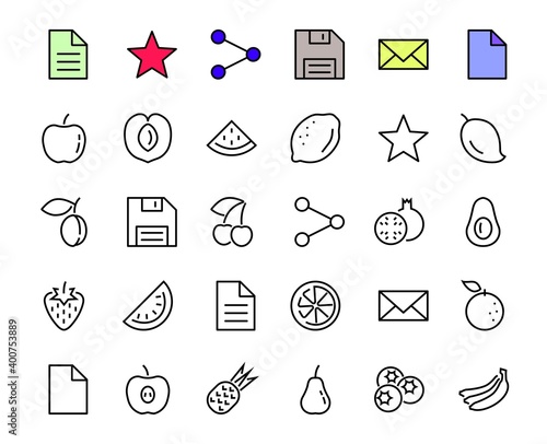 Fruit Icon Set, Vector lines, Contains icons such as apple, banana, cherry, lemon, watermelon, Avocado Editable stroke, 48x48 pixels, White background, eps 10
