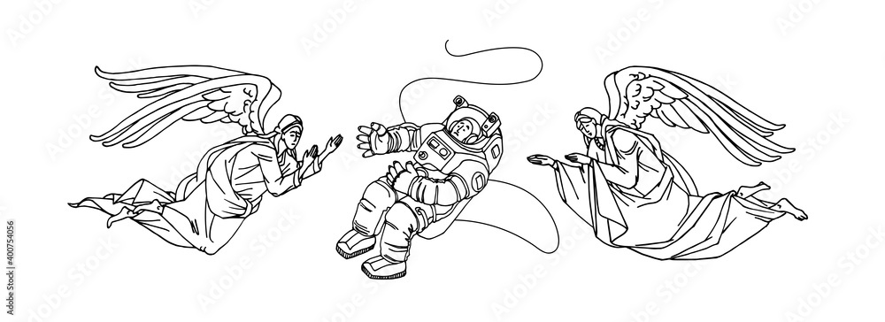 guardian angels rescue an astronaut in outer space, vector illustration with black contour lines isolated on a white background in a hand drawn and cartoon style guardian angels rescue an astronaut in outer space, vector illustration with black contour lines isolated on a white background in a hand drawn and cartoon style