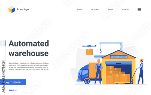 Cartoon automated warehouse landing page, warehousing business delivery company, worker characters packaging containers on truck in storehouse, loading boxes. Warehouse service vector illustration