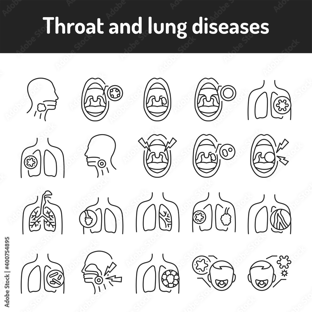 Throat and lung diseases color line icons set. Pictograms for web page, mobile app, promo. Throat and lung diseases color line icons set. Pictograms for web page, mobile app, promo.