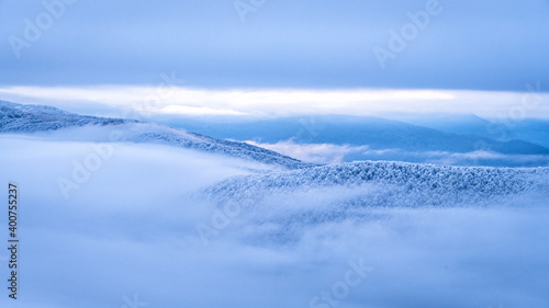 Fototapeta Naklejka Na Ścianę i Meble -  Mountain peaks over the clouds. An unigue vista. Bieszczady National Park. Carpathians. Poland.