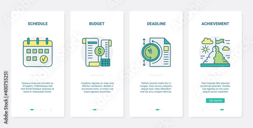 Time management and budget business planning vector illustration. UX, UI onboarding mobile app page screen set with line schedule calendar financial service, deadline concept, achievement symbols