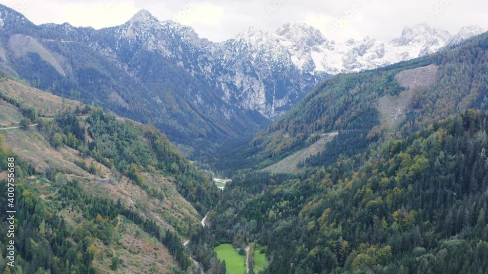 Aerial mountains valley, drone view of Eisenkappel-Vellach, Austria Aerial mountains valley, drone view of Eisenkappel-Vellach, Austria