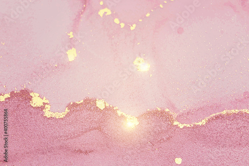 Sparkling pink and gold stone marble texture. Alcohol ink technique abstract vector background. Modern paint with glitter. Template for banner, poster design. Fluid art painting