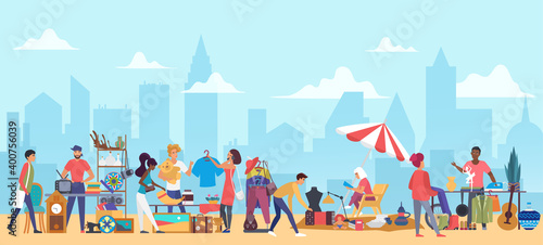 People in flea market vector illustration. Cartoon flat man woman buyer characters shopping second hand clothes on garage sale, vendors sell vintage furniture, jewelry in bazaar marketplace background