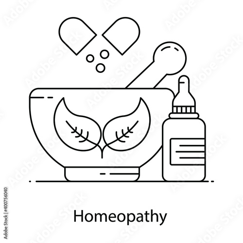 
Herbal medicines inside mortar and pestle, flat outline vector of homeopathy
